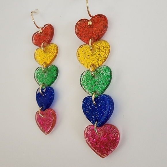 NEW Multi Glitter Resin Heart Dangle Earrings - Picture 5 of 6